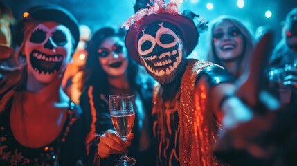 People dance at Halloween party with champagne glasses. Friends in the costumes in nightclub,