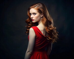 A striking red-haired girl in a red dress poses in profile against a dark background, her voluminous curls cascading down, exuding mystery and confidence.