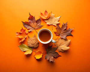 A warm cup of coffee surrounded by colorful autumn leaves arranged in a circle on a bright orange background, celebrating the fall season.