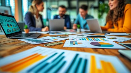Team Collaboration in Focus An Office Meeting Perspective with Data Analysis Charts on a Table and Laptops in a Modern Workspace