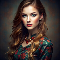 Fototapeta premium A young woman with long, flowing blonde hair, wearing a stylish floral outfit, gazes intently with a poised expression. She has striking makeup and accessorizes with a bold necklace.
