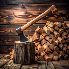 An axe embedded in a log next to a pile of freshly chopped firewood, set against a wooden background, symbolizing hard work and self-sufficiency.