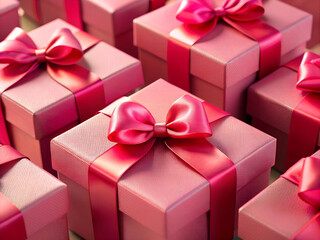 Fototapeta premium Multiple pink gift boxes with matching satin bows arranged together, offering a festive and celebratory atmosphere.