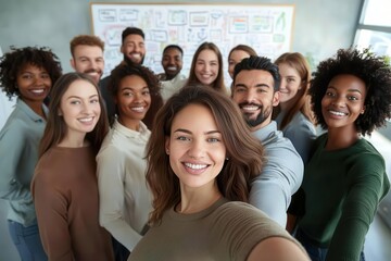 Diverse group of coworkers taking a selfie with a whiteboard full of ideas in the background, brainstorming session, creative teamwork