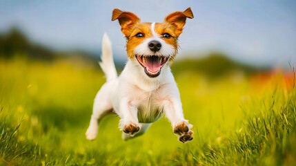 A small dog running in a field of green grass