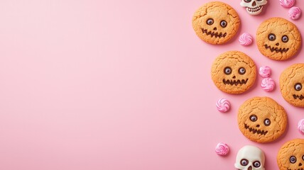 Fototapeta premium Festive Halloween cookies with playful designs, complemented by spooky skulls and pink treats, set against a soft pink background.