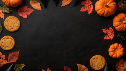 Fototapeta premium Halloween Flat-Lay with Pumpkins, Cookies, and Autumn Leaves on a Black Background, Perfect for Festive Banners
