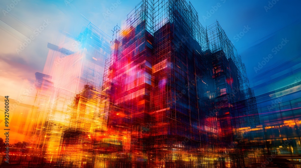 Poster 7. a time-lapse scene depicting the progression of a building from foundation to completion, with vi