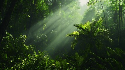 A dense jungle scene with sunlight beams breaking through the canopy, creating a dramatic contrast between the light and dark.