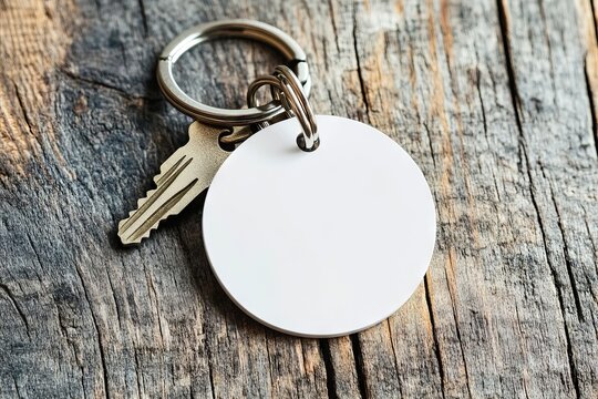 A white keychain with two keys on a wooden surface