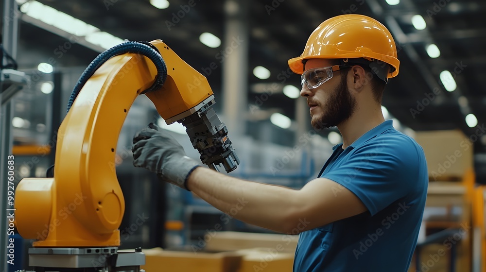 Poster 8. a worker using a robotic arm to assist in assembly, highlighting the integration of technology in