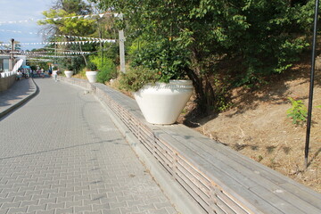 Alley with flower beds along the seashore.