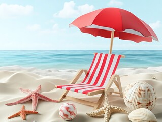 Obraz premium Beach chair, red umbrella, ball, starfish, shells, coral, sea, and clouds, bright sky, summer travel concept.