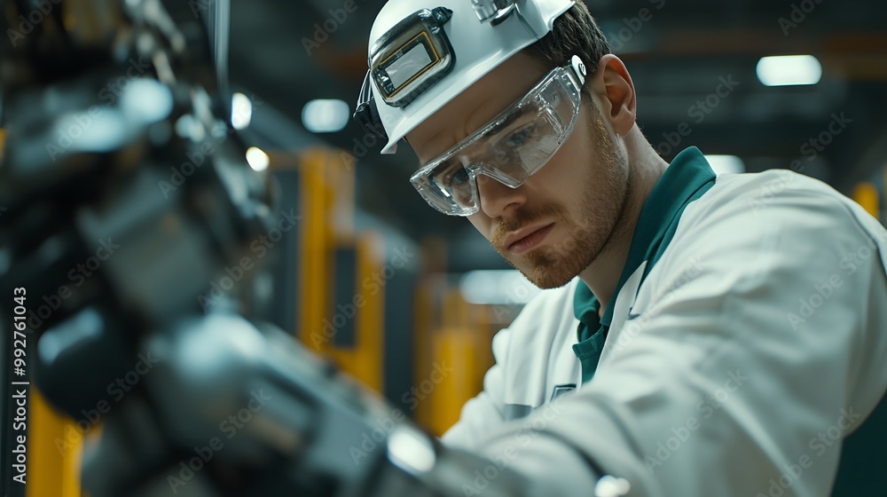 Poster 8. a worker using a robotic arm to assist in assembly, highlighting the integration of technology in