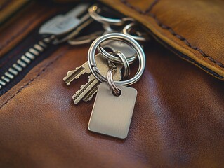 A bunch of keys sitting on top of a brown leather bag