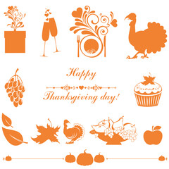 Happy thanksgiving day background. Collection of design elements vintage set isolated on White background. Vector illustration 