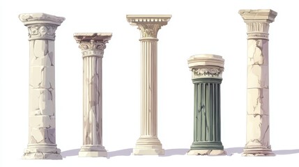 Naklejka premium Cartoonish pillars and antique architecture columns reminiscent of ancient Roman temples. A collection of illustrations depicting Roman building elements, including pillars.