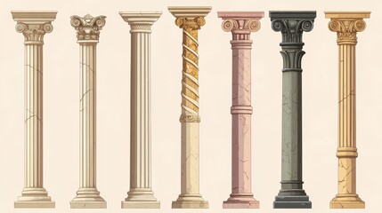 Fototapeta premium Cartoonish pillars and antique architecture columns reminiscent of ancient Roman temples. A collection of illustrations depicting Roman building elements, including pillars.