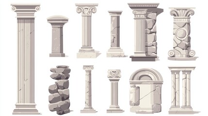 Fototapeta premium Cartoonish pillars and antique architecture columns reminiscent of ancient Roman temples. A collection of illustrations depicting Roman building elements, including pillars.