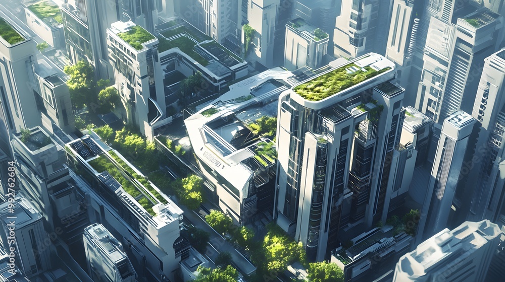 Poster 4. a futuristic city block being developed, showcasing innovative architecture and sustainable build