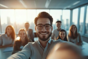 Team of professionals taking a selfie with a city skyline visible through office windows, urban setting, work-life balance, team spirit