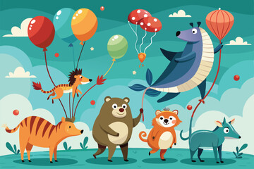 Naklejka premium A variety of whimsical animals float happily with vibrant balloons under a bright, cheerful sky, Customizable flat illustration of diving with animals.