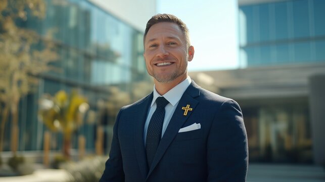Professional Male Minister in Suit with Cross Pin, Smiling Outdoors in Urban Setting, Ideal for Religious or Inspirational Content