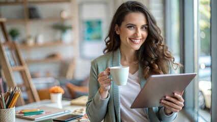 A happy designer holding a coffee cup and a tablet, surrounded by creative materials.
