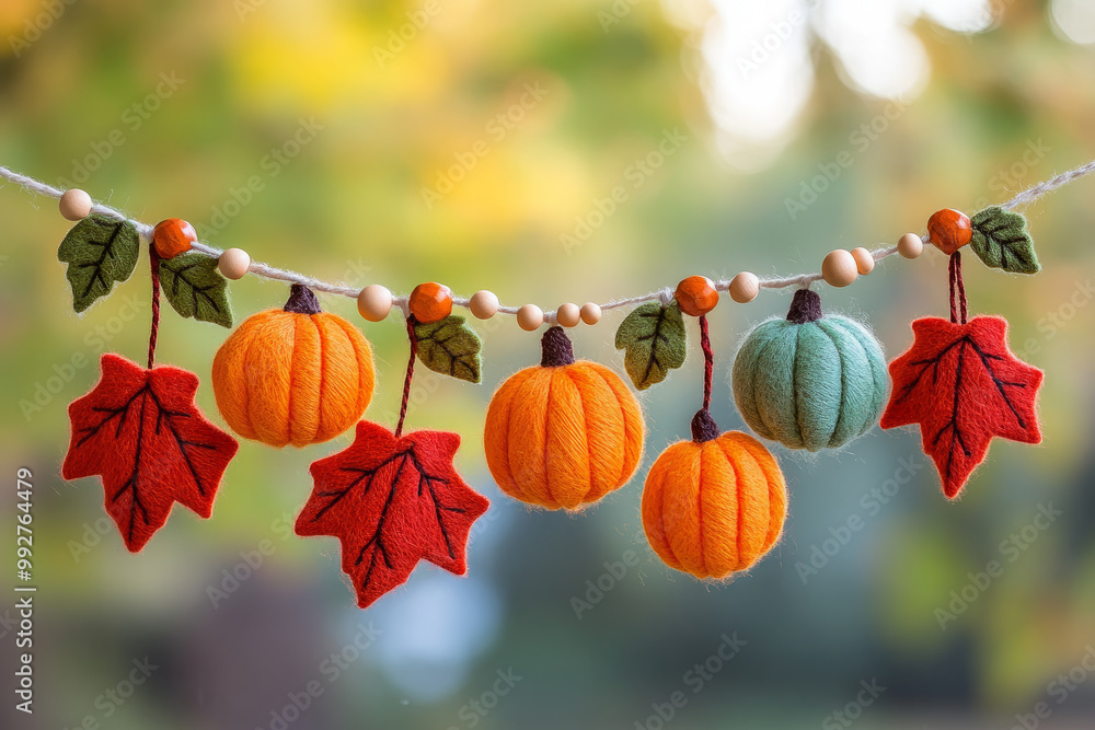 Poster a string of pumpkins and leaves hanging from a tree