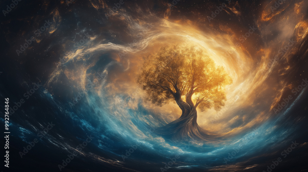 Poster surging ocean of cosmic energy flows in mesmerizing patterns with massive, spectral tree forms emerg
