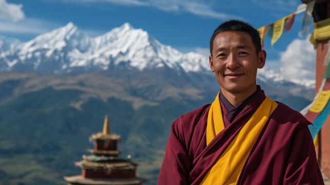 Traditional Bon Monk with Himalayan Mountain Range Backdrop, Ideal for Travel, Culture, and Spirituality Themes - Powered by Adobe
