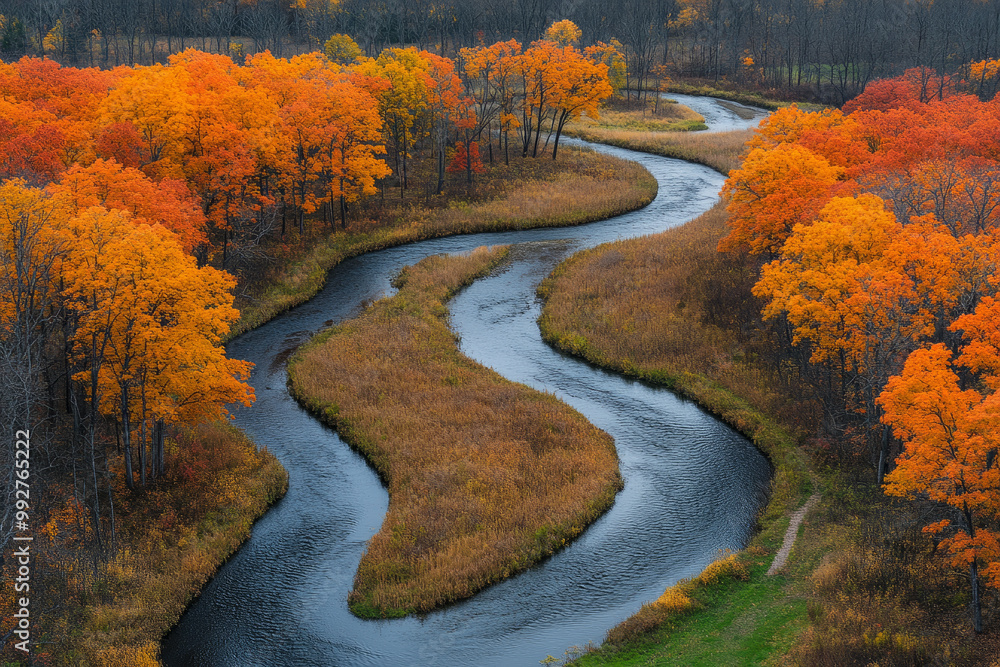 Poster a river with a bend in it and trees on both sides
