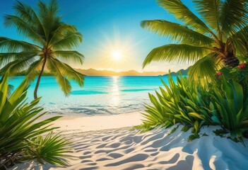 Fototapeta premium lush tropical landscape crystal clear gentle palm vibrant greenery under bright blue skies, beach, trees, water, sun, sky, paradise, vacation, island