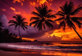 vibrant sunset hues creating striking silhouettes palm trees colorful sky, beach, landscape, nature, scenery, evening, twilight, clouds, orange, pink, blue