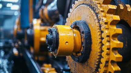 Close-up of a Yellow Gear and Sprocket on Industrial Machinery