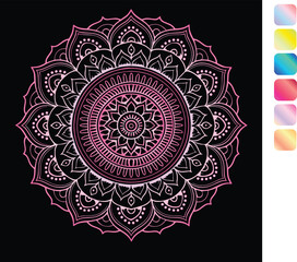 a colorful mandala with a pink and black background.