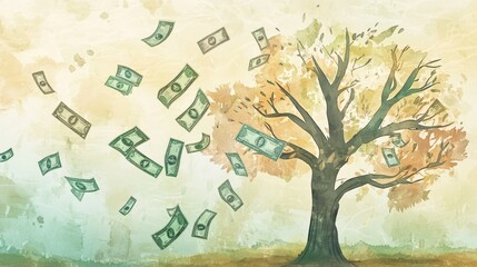 Financial Downturn: Wilting Money Tree and Descending Dollar Signs in Whimsical Watercolor Style