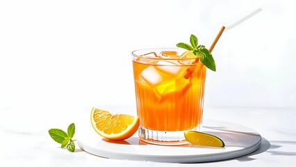 Fototapeta premium Iced Tea Refreshing Summer Beverage with Fresh Mint and Citrus Garnish isolated on white background