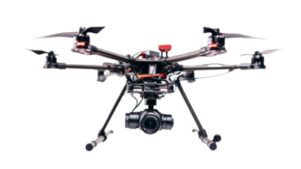 A drone isolated on white, with focus on the propellers and camera gimbal