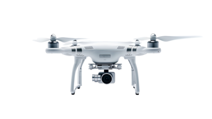 A drone isolated on white, with focus on the propellers and camera gimbal