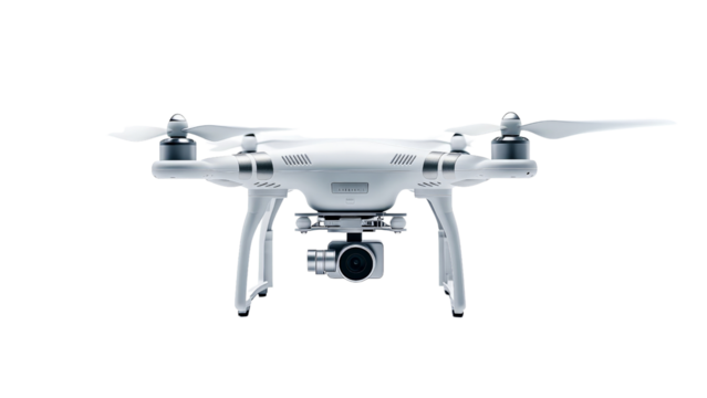 A drone isolated on white, with focus on the propellers and camera gimbal