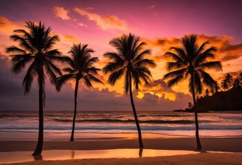 lively palm trees surrounding tranquil beach sunset vibrant colors soft waves, sand, sky, tropical, horizon, island, nature, landscape, evening, light