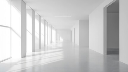 A long, white hallway with large windows and a bright, open space. The hallway is lined with white walls and pillars, and the floor is made of polished concrete. 