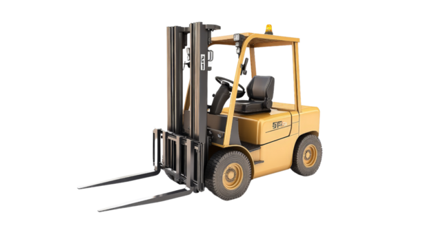 A forklift isolated on white, with emphasis on the forks and operator controls