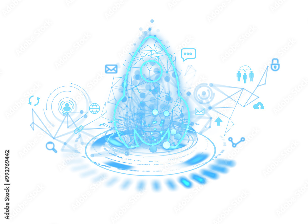 Poster digital rocket ship surrounded by glowing technology icons and geometric shapes. isolated on white b