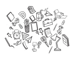 Assorted office supplies illustrations including notebooks, pens, and clips. Isolated on white background. concept of stationery