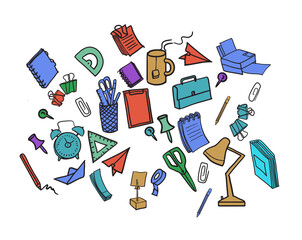 Various colorful office supplies scattered. Isolated on white background. illustrating the concept of office and work essentials