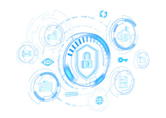 Obraz premium Glowing blue cybersecurity icons. Isolated on white background., Concept of digital security and data protection