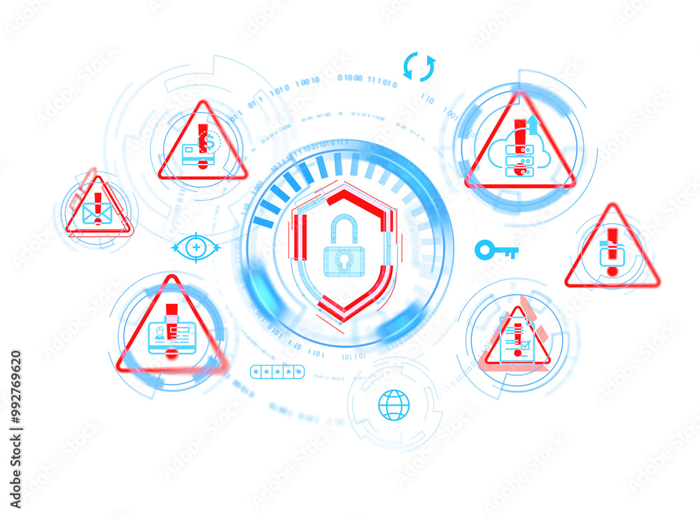 Poster digital interface with cybersecurity icons and alerts, featuring a central lock symbol. isolated on 