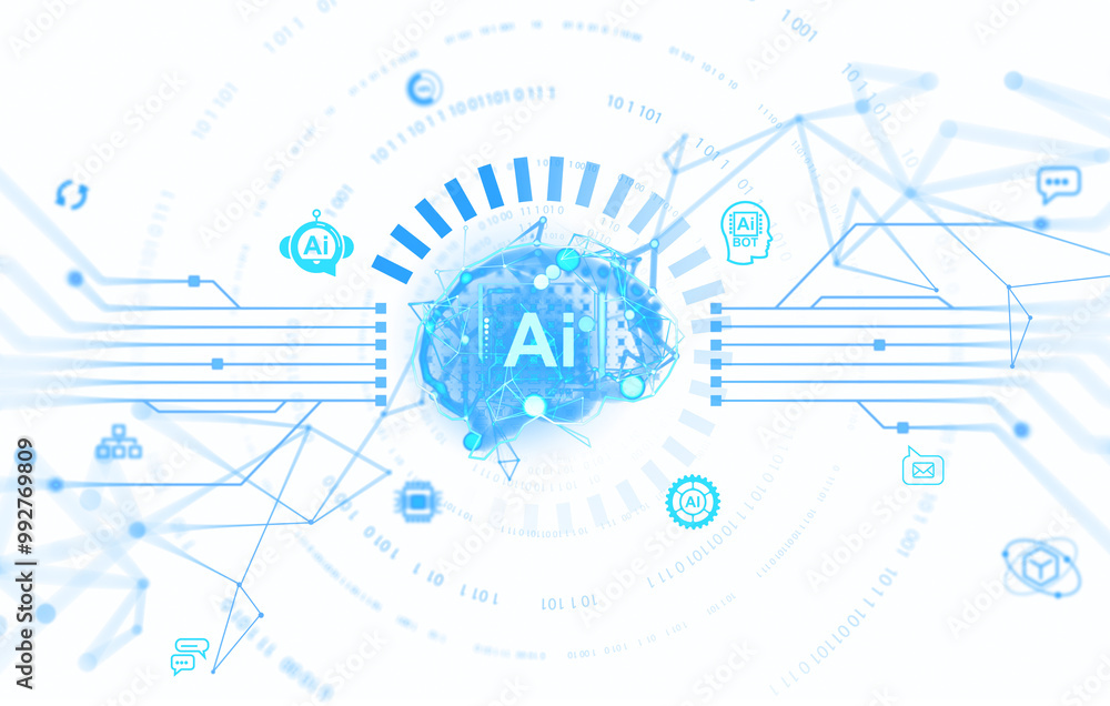 Poster futuristic image showing ai technology interface with glowing blue graphics and icons. isolated on w
